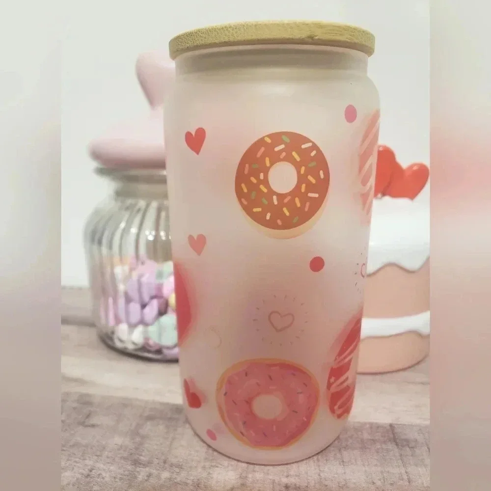 16oz donut hearts frosted glass‎ custom cup with lid and straw, valentines day